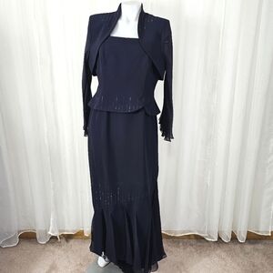 Vintage Junnie Leigh black gown jacket set studded handkerchief hems 12